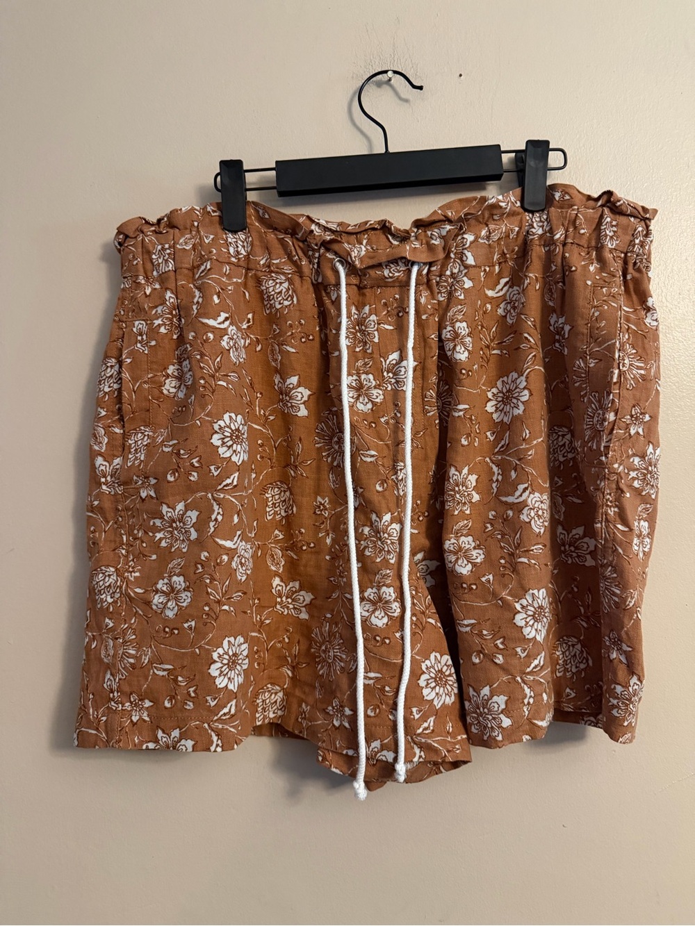 High-Waist Rust Floral Paperbag Shorts with White Drawstring